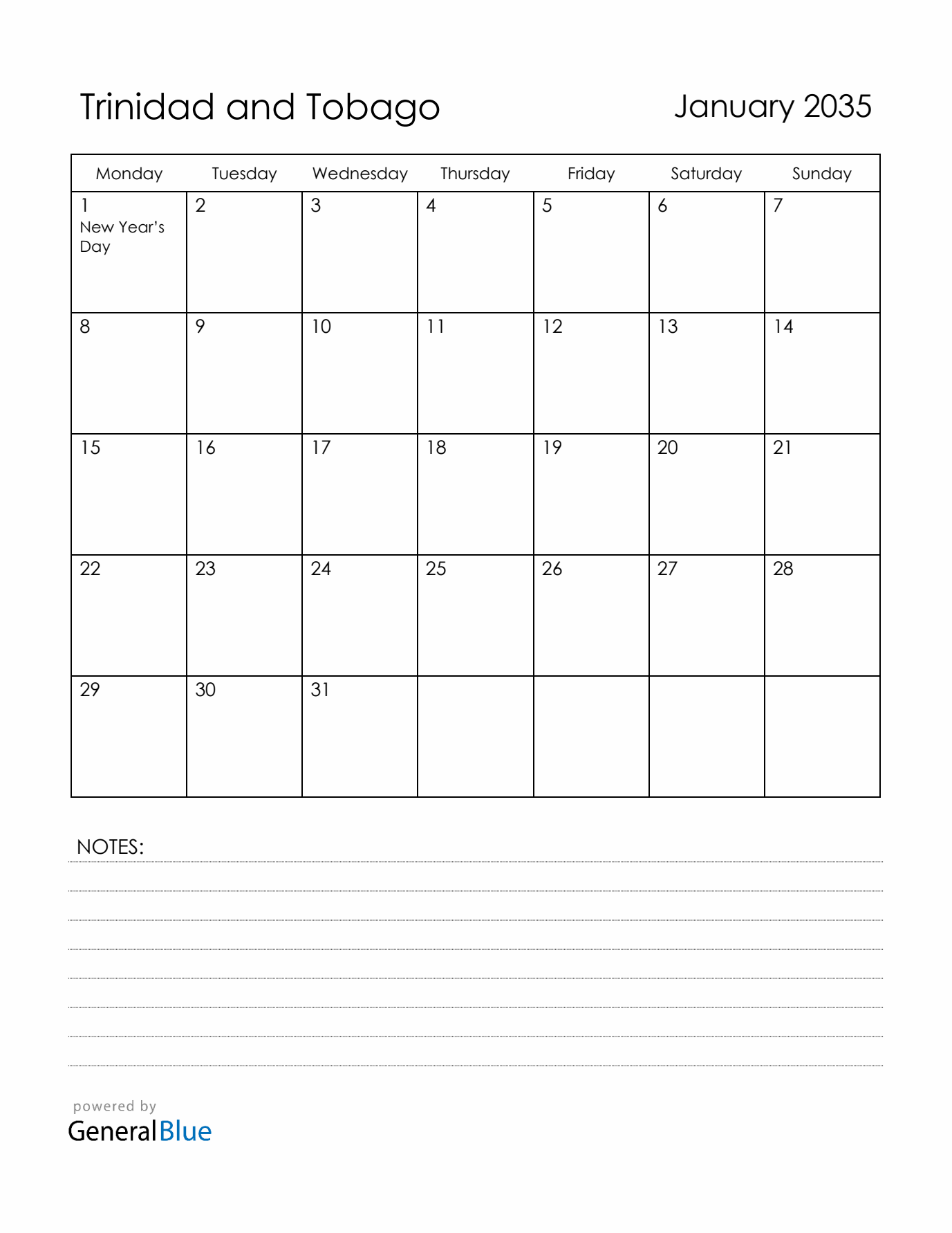 January 2035 Trinidad and Tobago Calendar with Holidays (Monday Start)