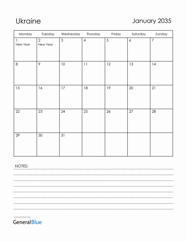 January 2035 Ukraine Calendar with Holidays (Monday Start)