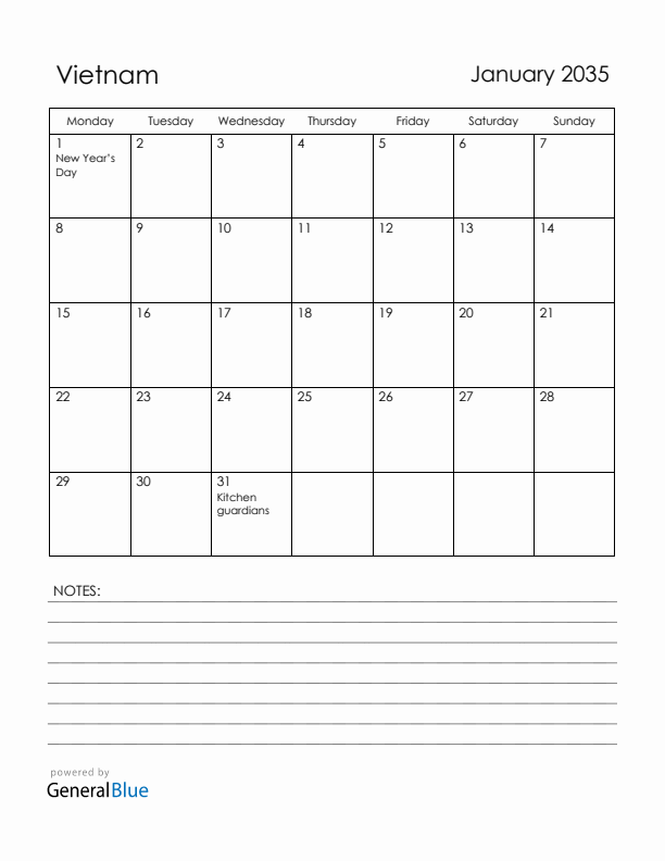 January 2035 Vietnam Calendar with Holidays (Monday Start)
