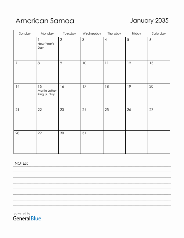 January 2035 American Samoa Calendar with Holidays (Sunday Start)
