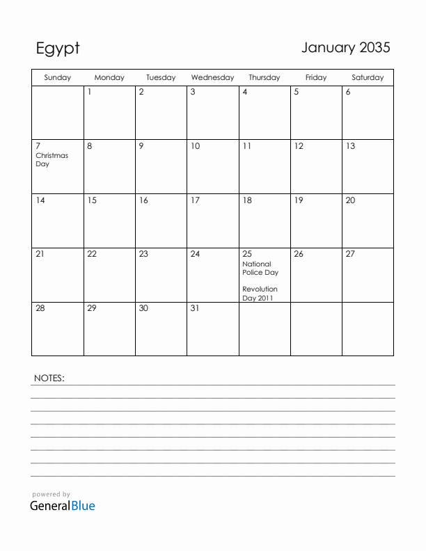 January 2035 Egypt Calendar with Holidays (Sunday Start)