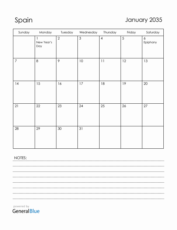 January 2035 Spain Calendar with Holidays (Sunday Start)