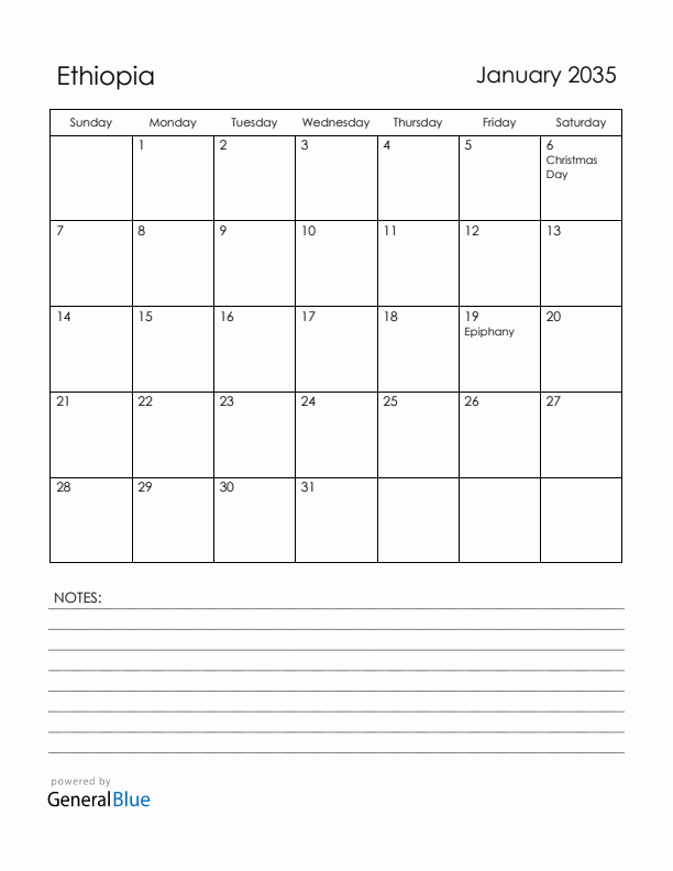January 2035 Ethiopia Calendar with Holidays (Sunday Start)