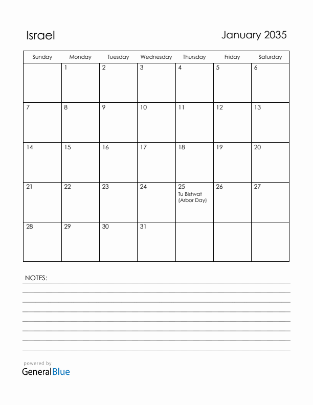 January 2035 Israel Calendar with Holidays (Sunday Start)