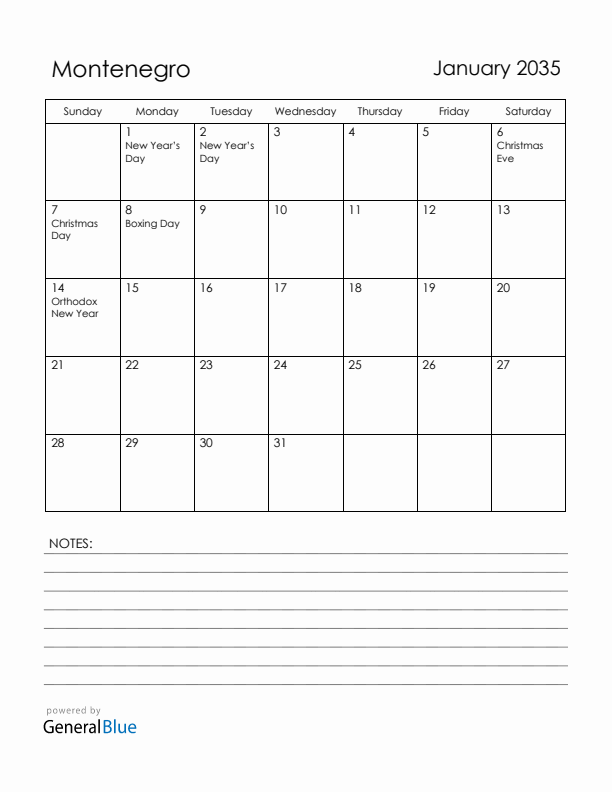 January 2035 Montenegro Calendar with Holidays (Sunday Start)