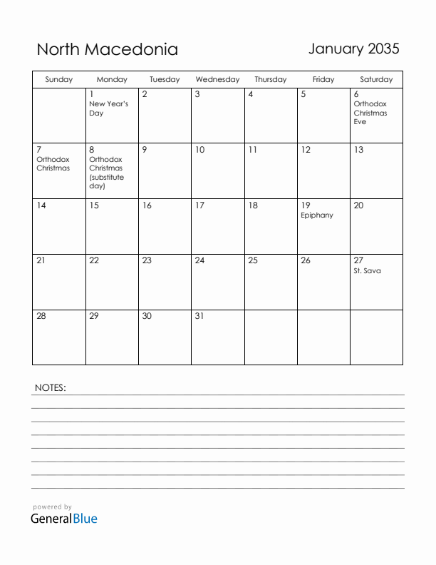 January 2035 North Macedonia Calendar with Holidays (Sunday Start)