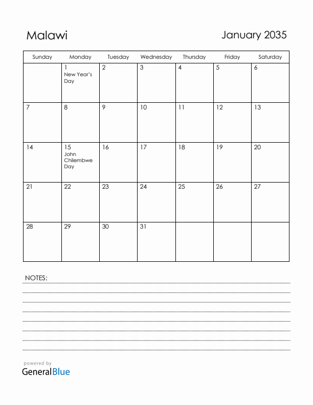 January 2035 Malawi Calendar with Holidays (Sunday Start)