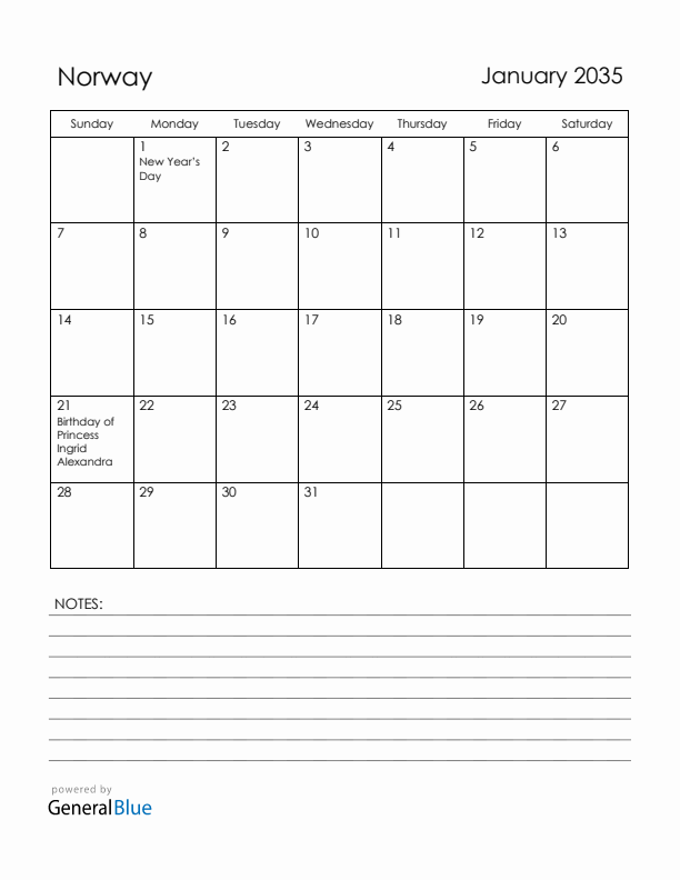 January 2035 Norway Calendar with Holidays (Sunday Start)