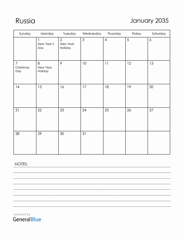 January 2035 Russia Calendar with Holidays (Sunday Start)