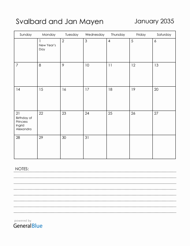 January 2035 Svalbard and Jan Mayen Calendar with Holidays (Sunday Start)
