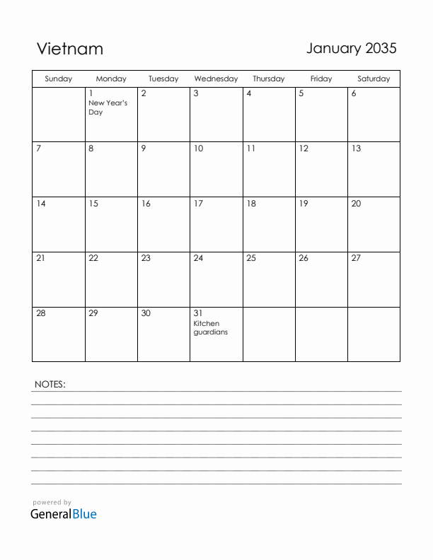 January 2035 Vietnam Calendar with Holidays (Sunday Start)