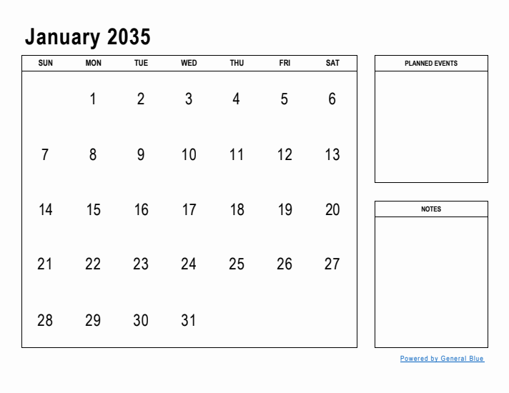 January 2035 Calendar Planner