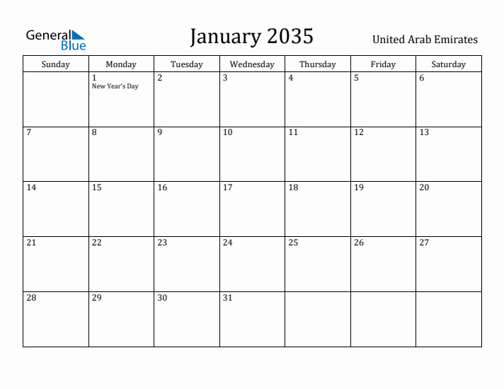 January 2035 Calendar United Arab Emirates