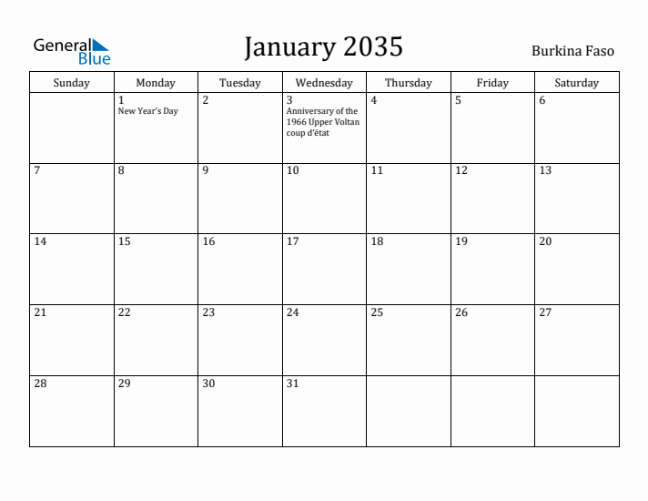 January 2035 Calendar Burkina Faso