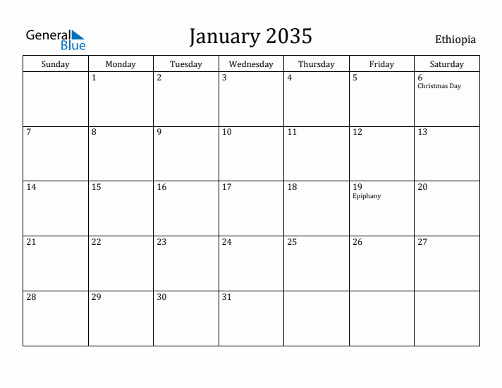 January 2035 Calendar Ethiopia