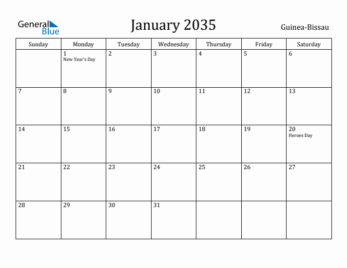 January 2035 Calendar Guinea-Bissau