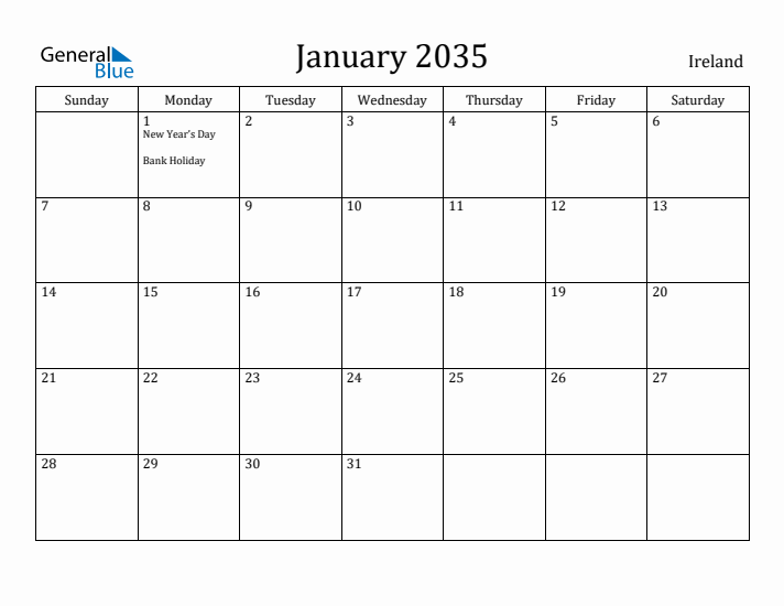 January 2035 Calendar Ireland
