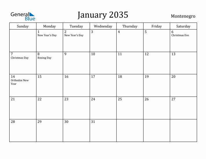 January 2035 Calendar Montenegro