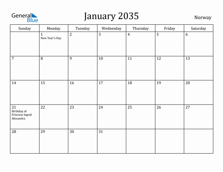 January 2035 Calendar Norway