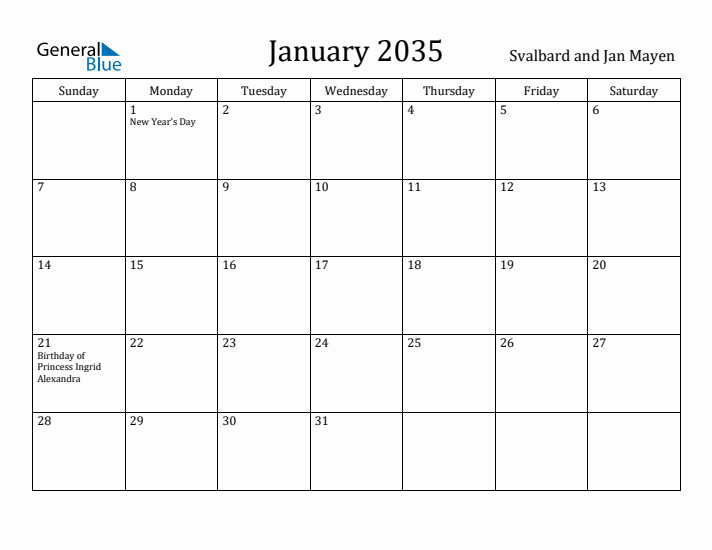 January 2035 Calendar Svalbard and Jan Mayen