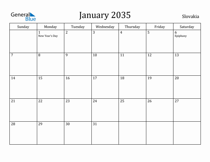 January 2035 Calendar Slovakia