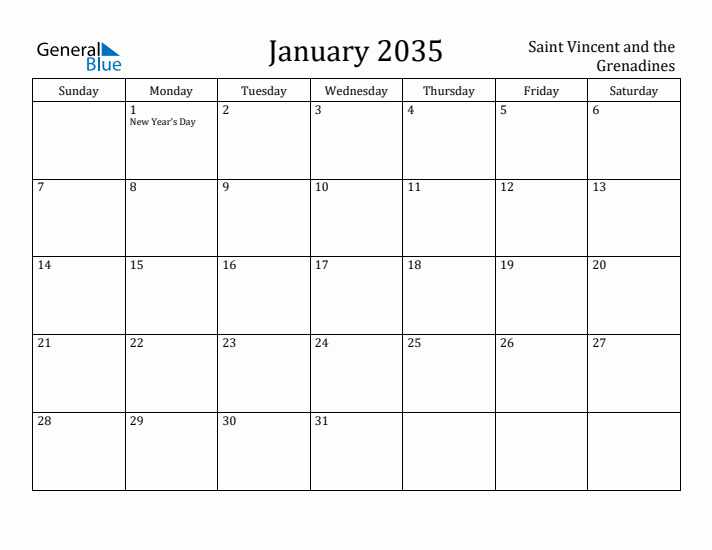 January 2035 Calendar Saint Vincent and the Grenadines