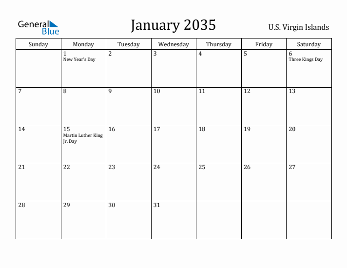 January 2035 Calendar U.S. Virgin Islands
