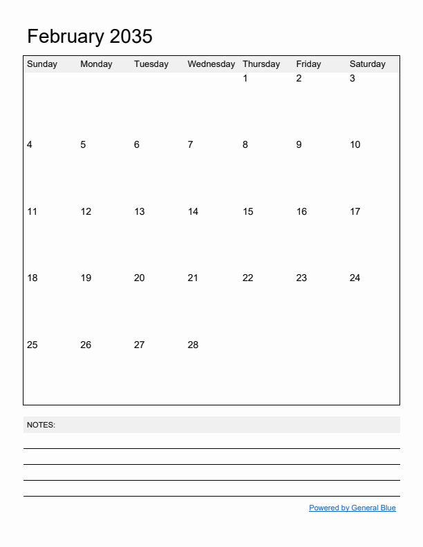 Basic Monthly Calendar Template for February 2035