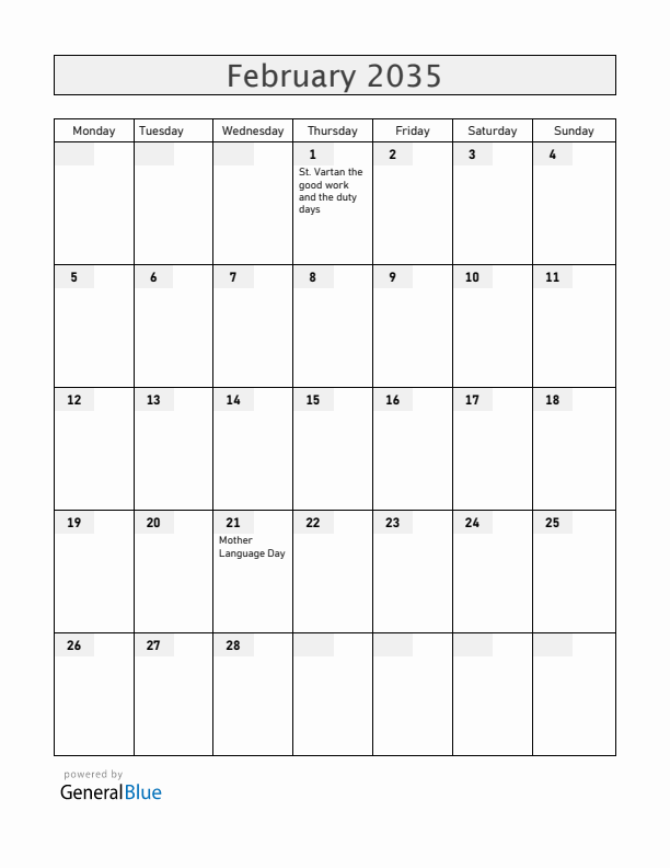 Armenia February 2035 Calendar with Holidays