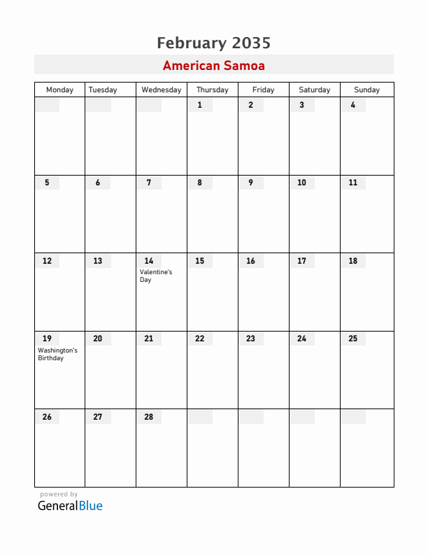 American Samoa February 2035 Calendar with Holidays