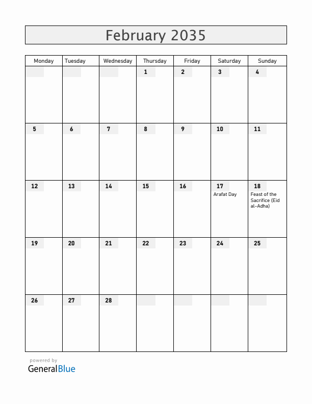 Bahrain February 2035 Calendar with Holidays
