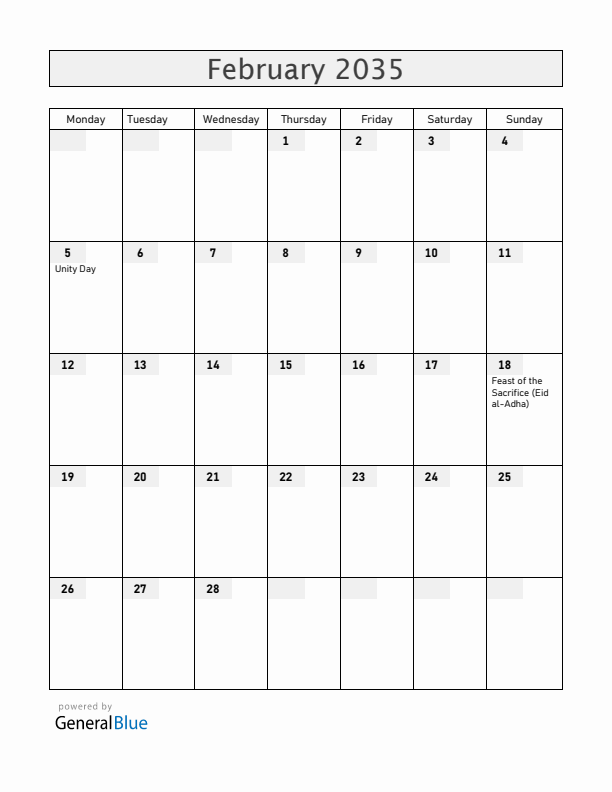 Burundi February 2035 Calendar with Holidays