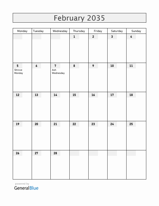 Saint Barthelemy February 2035 Calendar with Holidays
