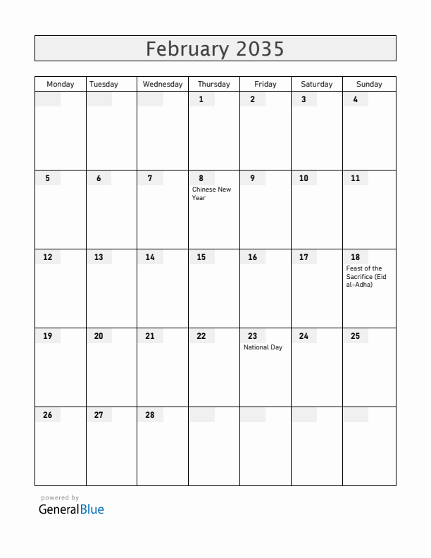 Brunei February 2035 Calendar with Holidays
