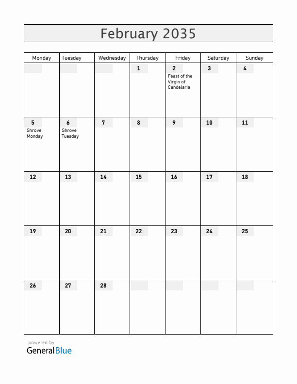 Bolivia February 2035 Calendar with Holidays
