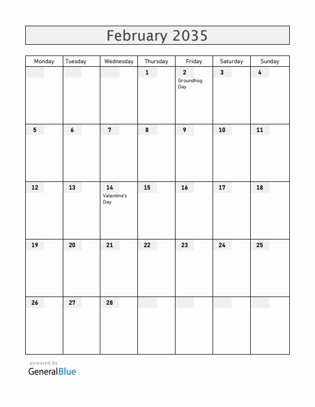 Canada February 2035 Calendar with Holidays