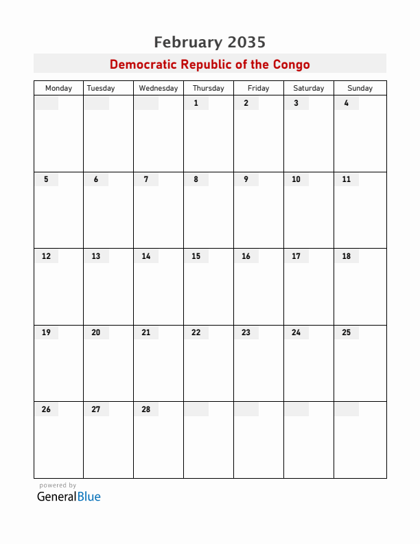 Democratic Republic of the Congo February 2035 Calendar with Holidays