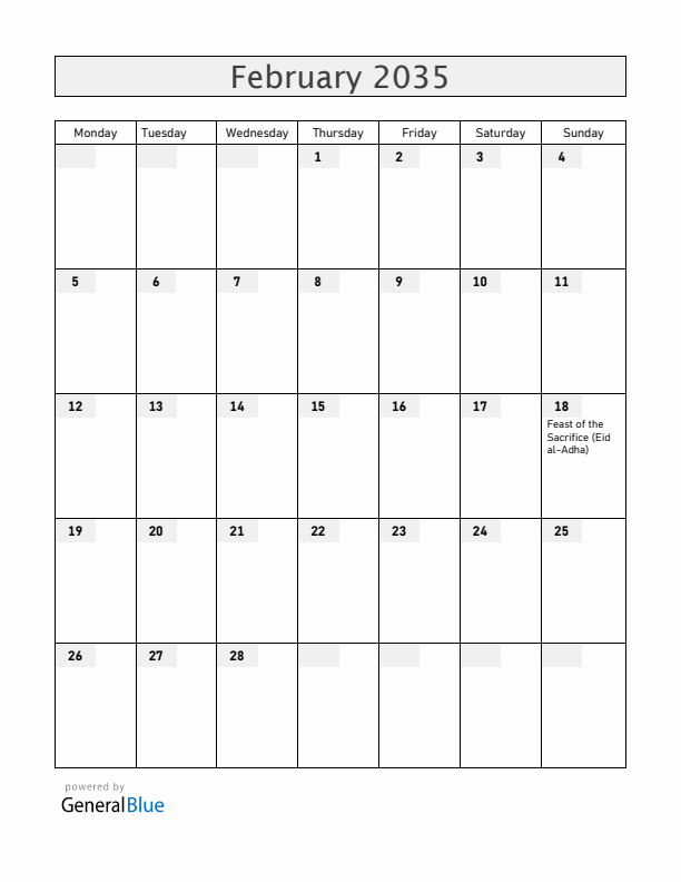 Central African Republic February 2035 Calendar with Holidays