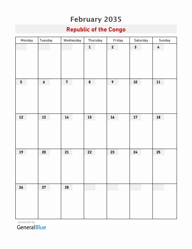 Republic of the Congo February 2035 Calendar with Holidays