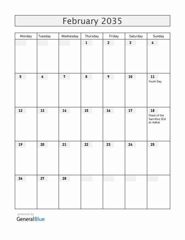 Cameroon February 2035 Calendar with Holidays