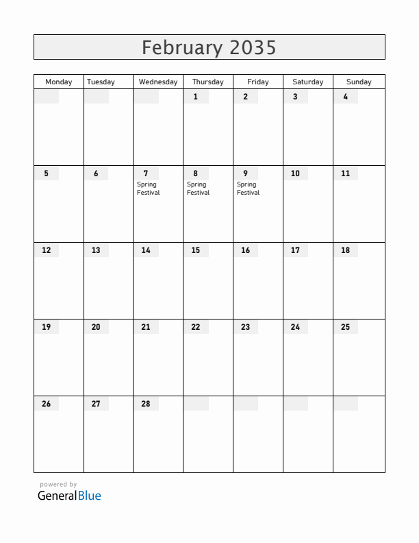 China February 2035 Calendar with Holidays