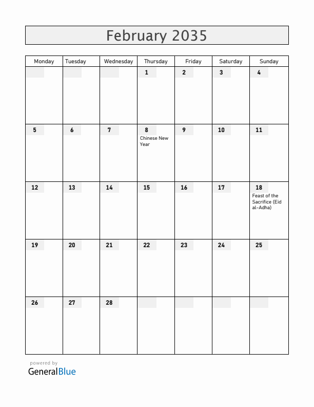 Christmas Island February 2035 Calendar with Holidays