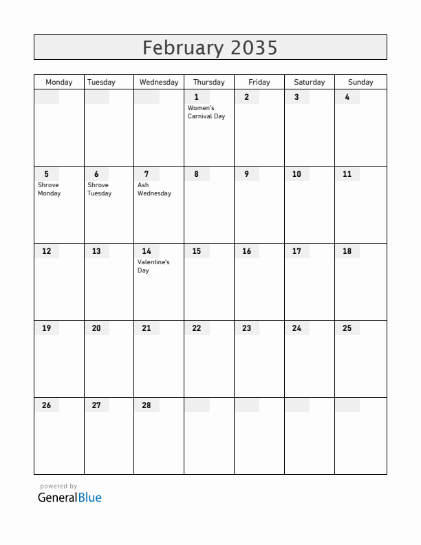 Germany February 2035 Calendar with Holidays