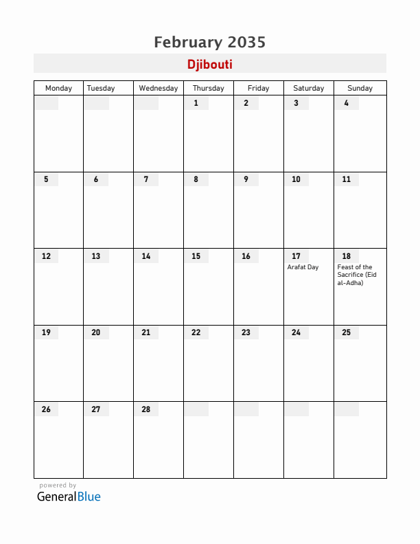 Djibouti February 2035 Calendar with Holidays
