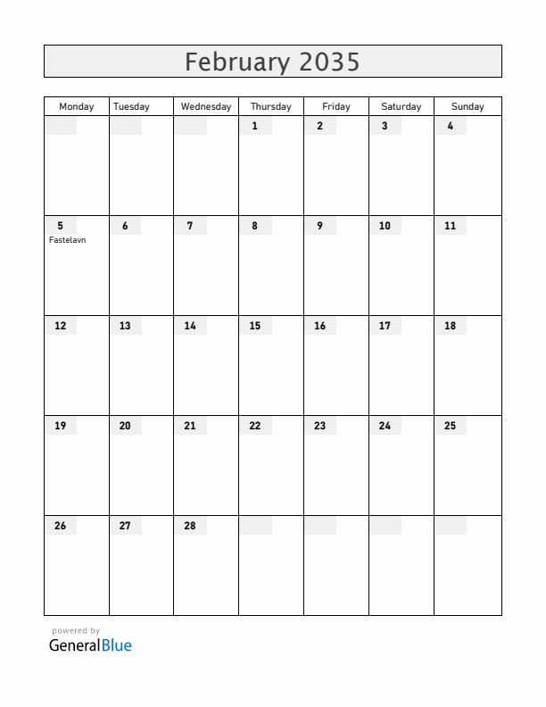 Denmark February 2035 Calendar with Holidays
