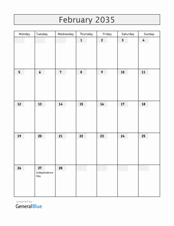 Dominican Republic February 2035 Calendar with Holidays