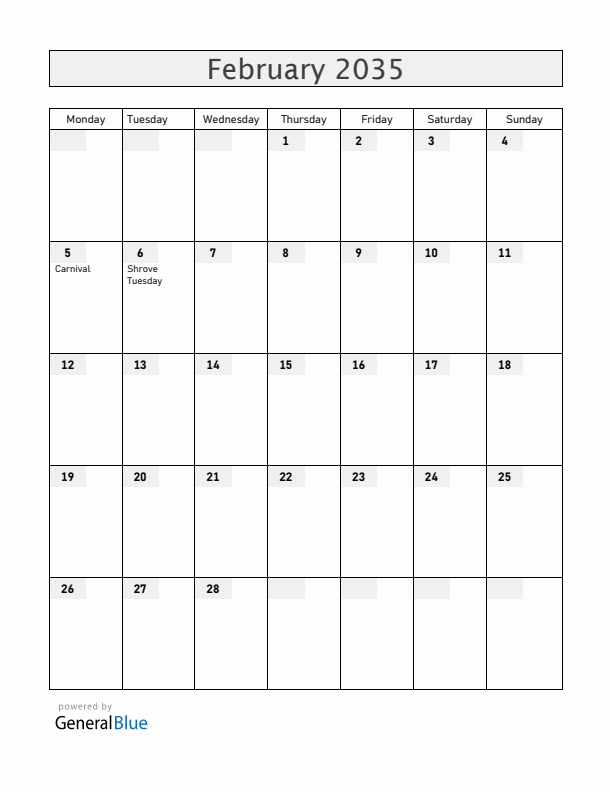 Ecuador February 2035 Calendar with Holidays
