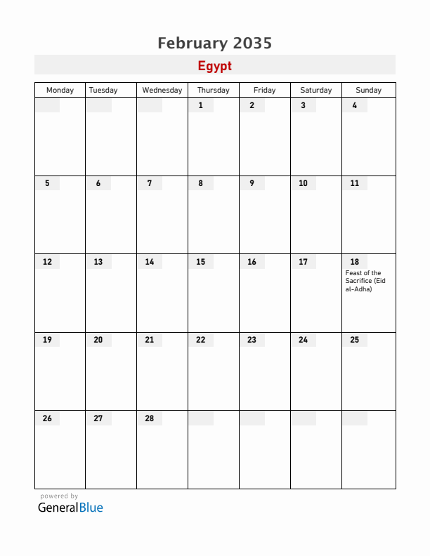 Egypt February 2035 Calendar with Holidays
