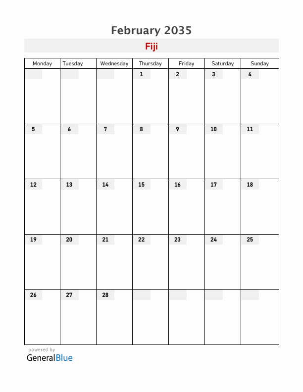 Fiji February 2035 Calendar with Holidays