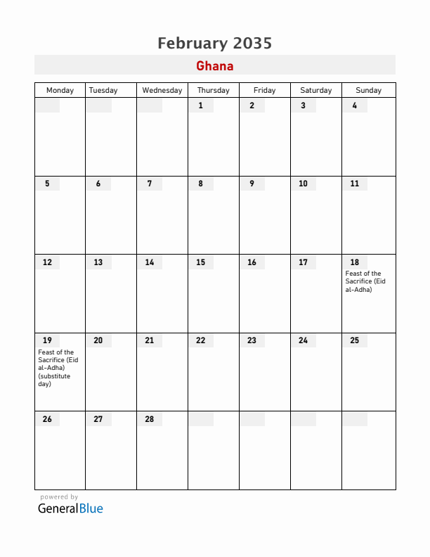 Ghana February 2035 Calendar with Holidays